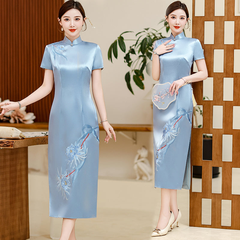 Elegant Chinese Style Embroidered Satin Qipao