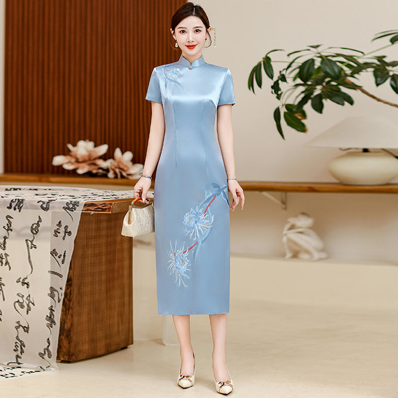 Elegant Chinese Style Embroidered Satin Qipao