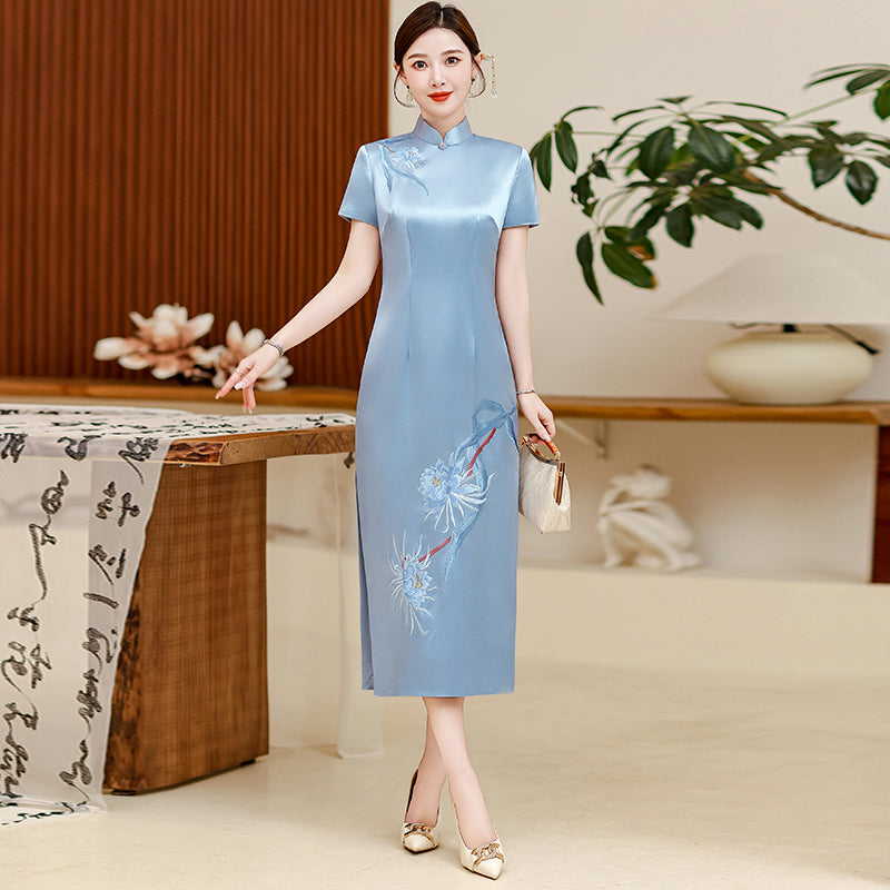 Elegant Chinese Style Embroidered Satin Qipao