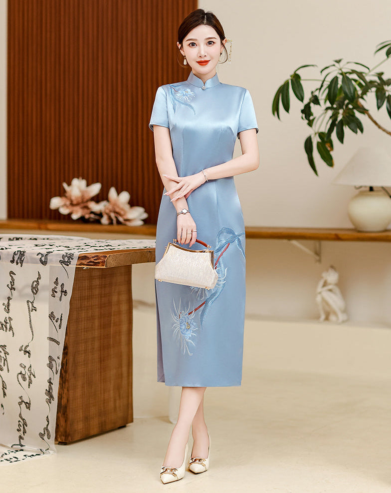 Elegant Chinese Style Embroidered Satin Qipao