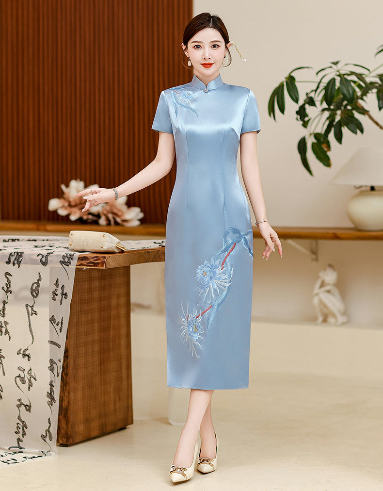 Elegant Chinese Style Embroidered Satin Qipao