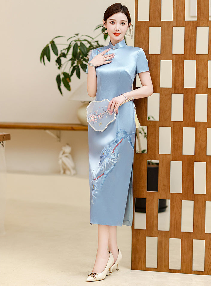 Elegant Chinese Style Embroidered Satin Qipao