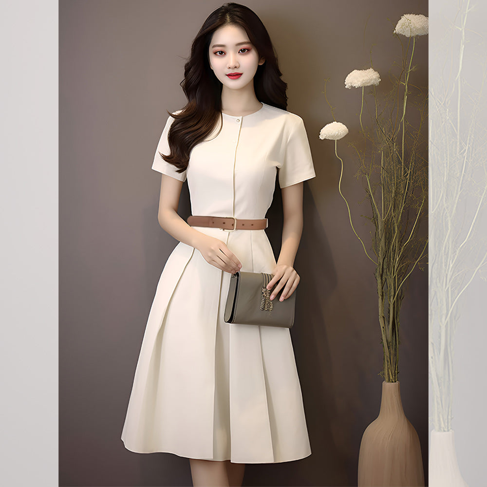Elegant Cream Short Sleeve A-Line Midi Dress With Belt