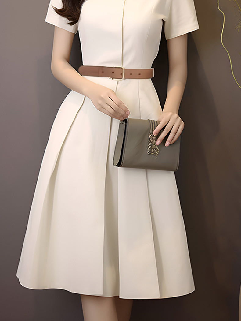 Elegant Cream Short Sleeve A-Line Midi Dress With Belt