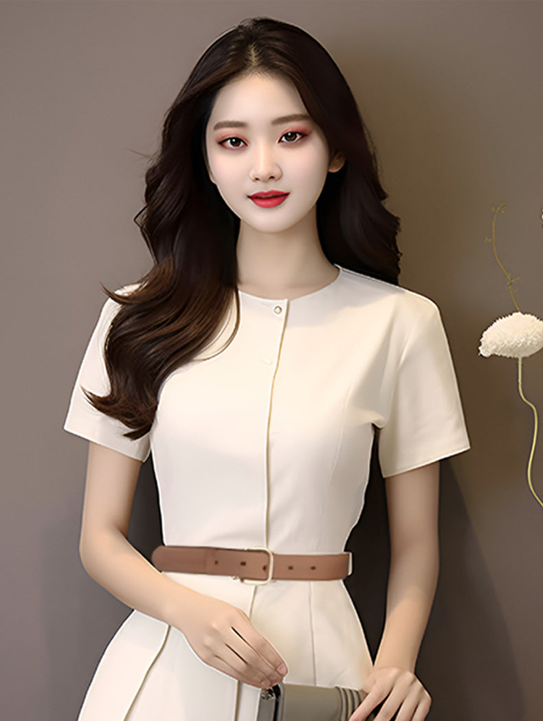 Elegant Cream Short Sleeve A-Line Midi Dress With Belt