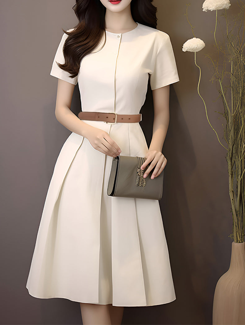 Elegant Cream Short Sleeve A-Line Midi Dress With Belt