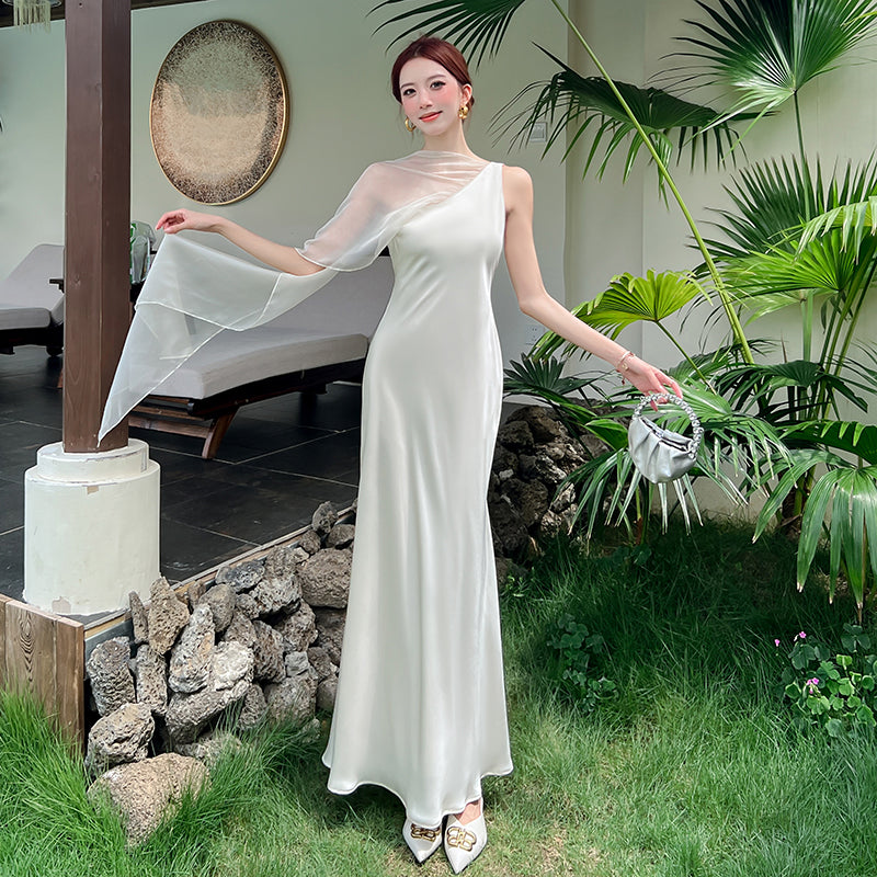 Elegant Cream White One-Shoulder Satin Slit Maxi Dress with Sheer Overlay