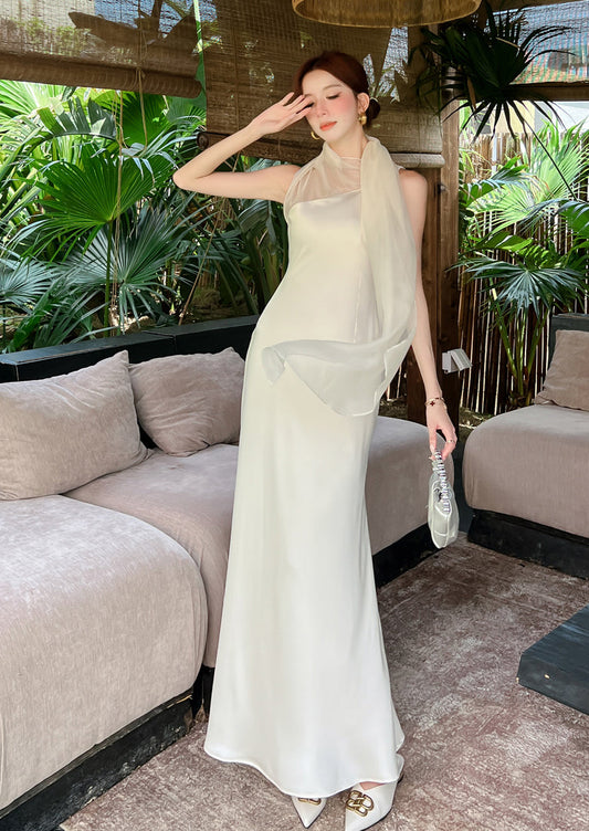 Elegant Cream White One-Shoulder Satin Slit Maxi Dress with Sheer Overlay