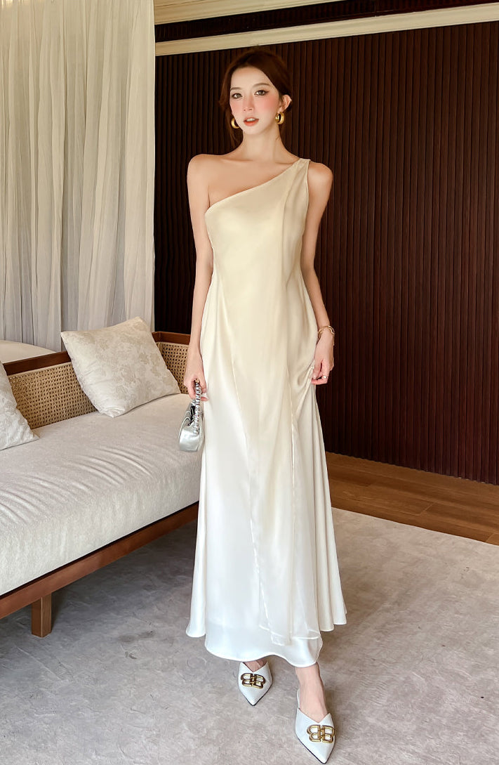 Elegant Cream White One-Shoulder Satin Slit Maxi Dress with Sheer Overlay