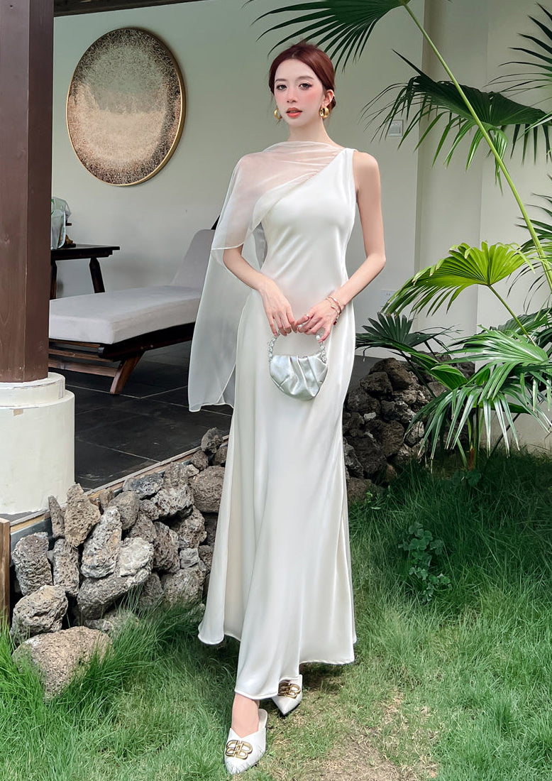 Elegant Cream White One-Shoulder Satin Slit Maxi Dress with Sheer Overlay
