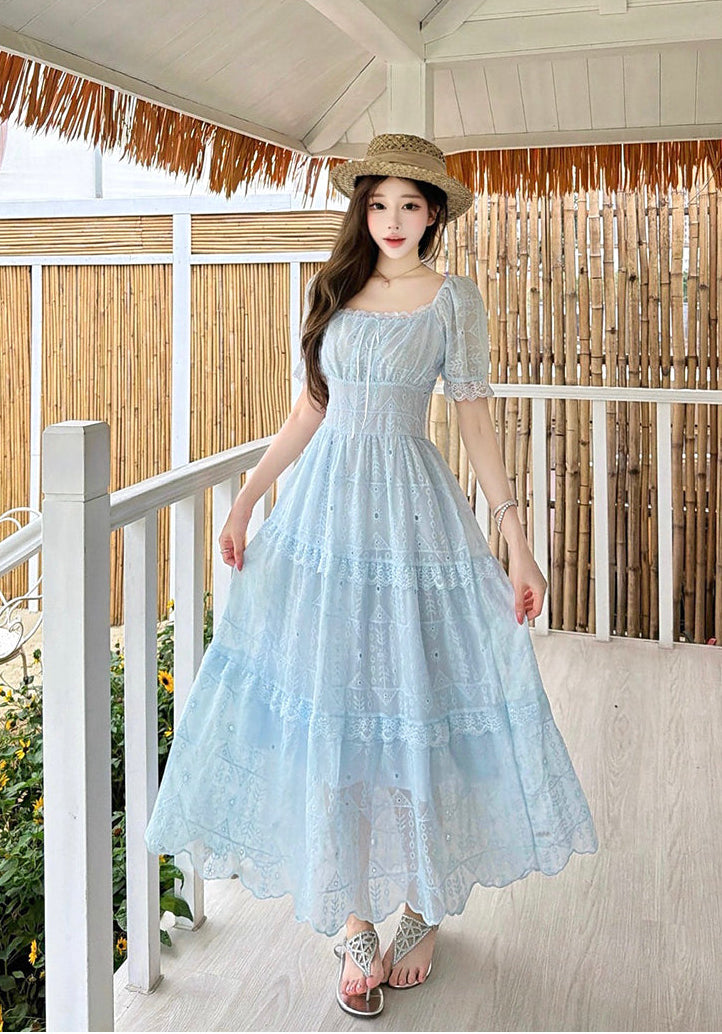 Elegant Embroidered Eyelet Tiered Maxi Dress with Puff Sleeves and Ruched Bust
