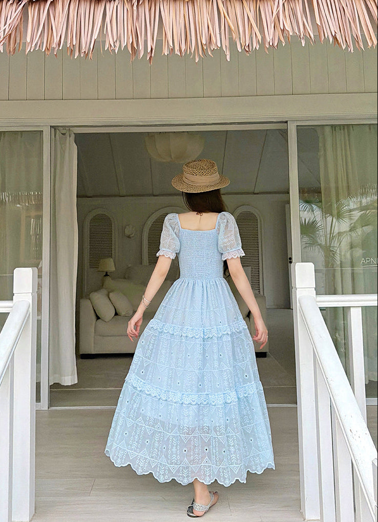 Elegant Embroidered Eyelet Tiered Maxi Dress with Puff Sleeves and Ruched Bust