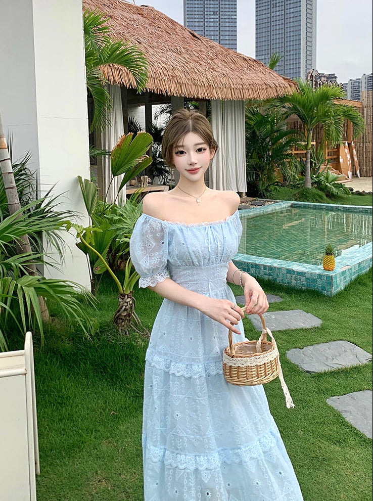 Elegant Embroidered Eyelet Tiered Maxi Dress with Puff Sleeves and Ruched Bust