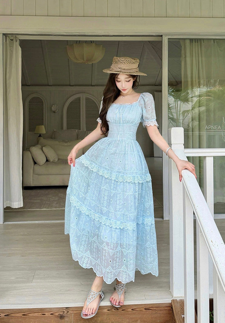 Elegant Embroidered Eyelet Tiered Maxi Dress with Puff Sleeves and Ruched Bust