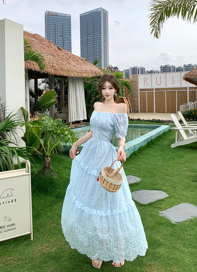 Elegant Embroidered Eyelet Tiered Maxi Dress with Puff Sleeves and Ruched Bust
