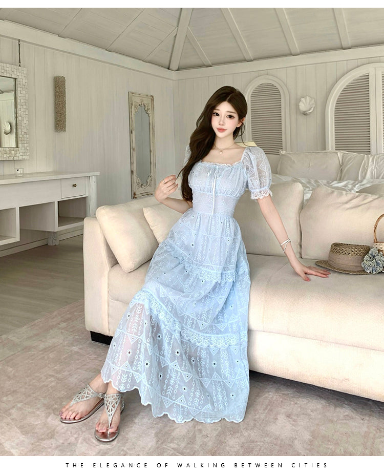Elegant Embroidered Eyelet Tiered Maxi Dress with Puff Sleeves and Ruched Bust