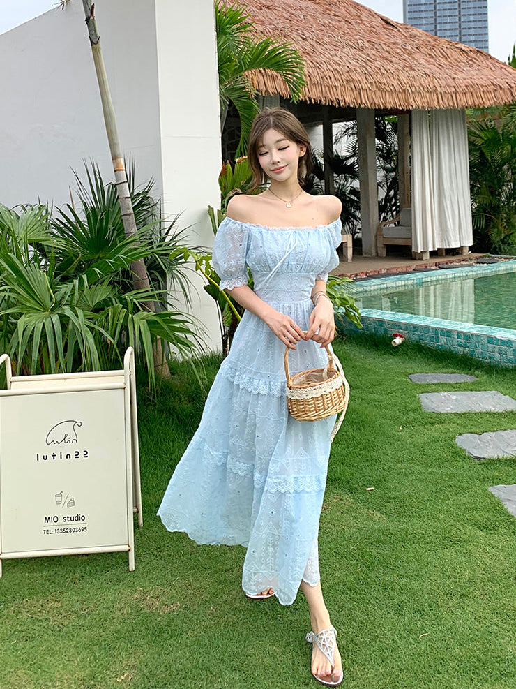 Elegant Embroidered Eyelet Tiered Maxi Dress with Puff Sleeves and Ruched Bust