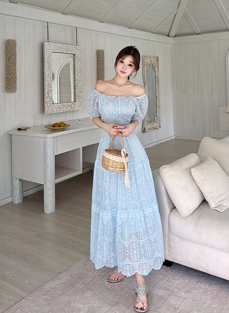 Elegant Embroidered Eyelet Tiered Maxi Dress with Puff Sleeves and Ruched Bust