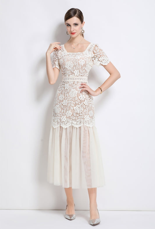 Elegant Lace Square Neck High-End Mesh Patchwork Dress