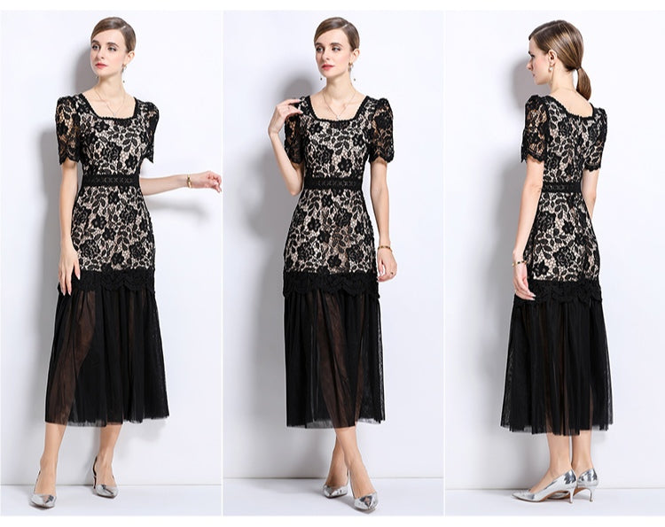 Elegant Lace Square Neck High-End Mesh Patchwork Dress
