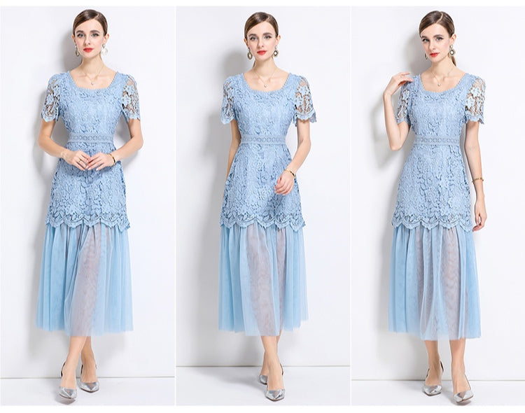 Elegant Lace Square Neck High-End Mesh Patchwork Dress
