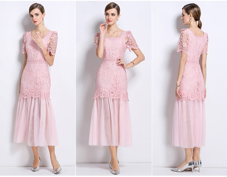Elegant Lace Square Neck High-End Mesh Patchwork Dress