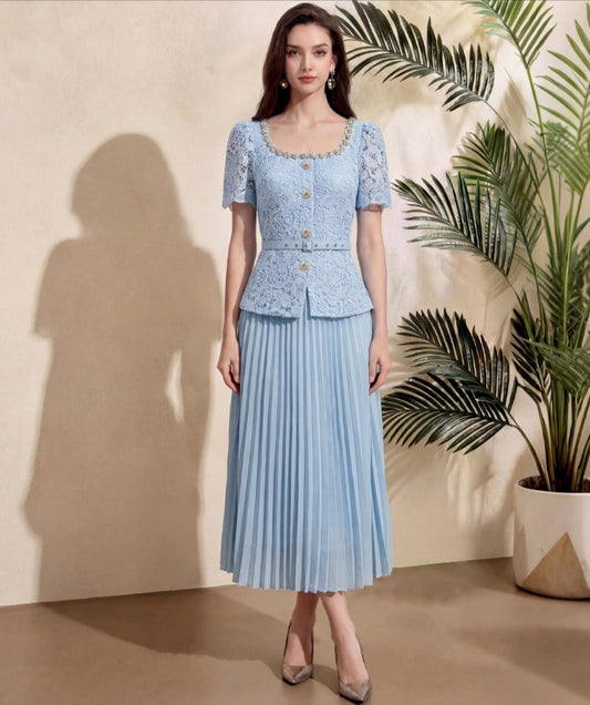 Elegant Light Blue Lace Pleated Midi Dress with Belt