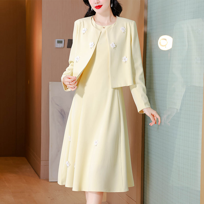 Elegant Light Yellow Cropped Jacket & A-Line Midi Dress Two-Piece Set