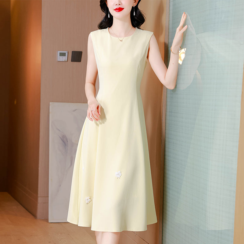 Elegant Light Yellow Cropped Jacket & A-Line Midi Dress Two-Piece Set