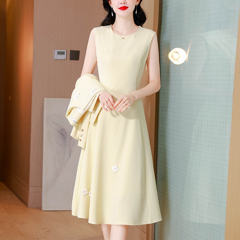 Elegant Light Yellow Cropped Jacket & A-Line Midi Dress Two-Piece Set