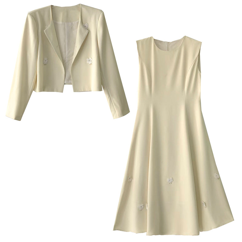 Elegant Light Yellow Cropped Jacket & A-Line Midi Dress Two-Piece Set