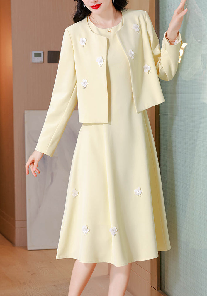 Elegant Light Yellow Cropped Jacket & A-Line Midi Dress Two-Piece Set