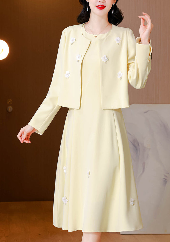 Elegant Light Yellow Cropped Jacket & A-Line Midi Dress Two-Piece Set