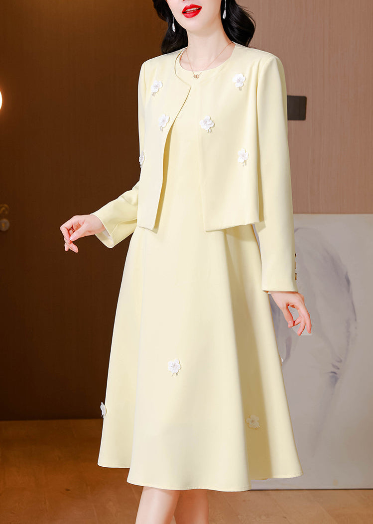 Elegant Light Yellow Cropped Jacket & A-Line Midi Dress Two-Piece Set