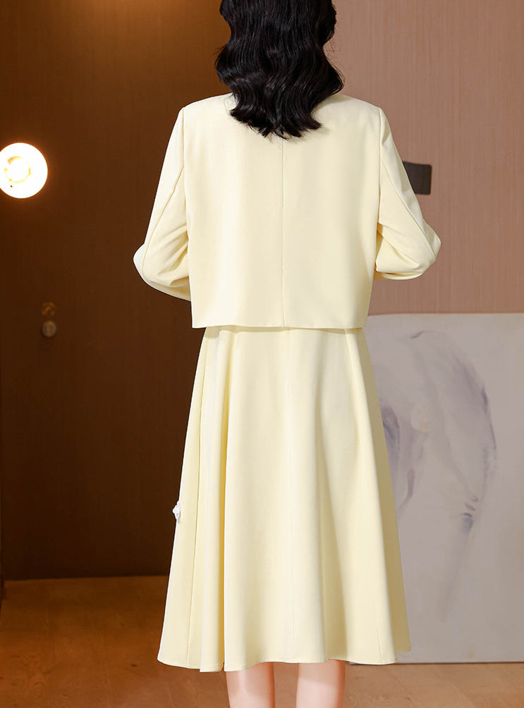 Elegant Light Yellow Cropped Jacket & A-Line Midi Dress Two-Piece Set
