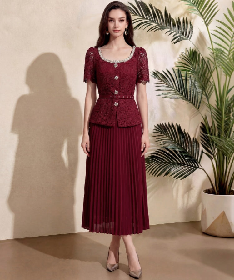 Elegant Maroon Lace Pleated Midi Dress with Belt