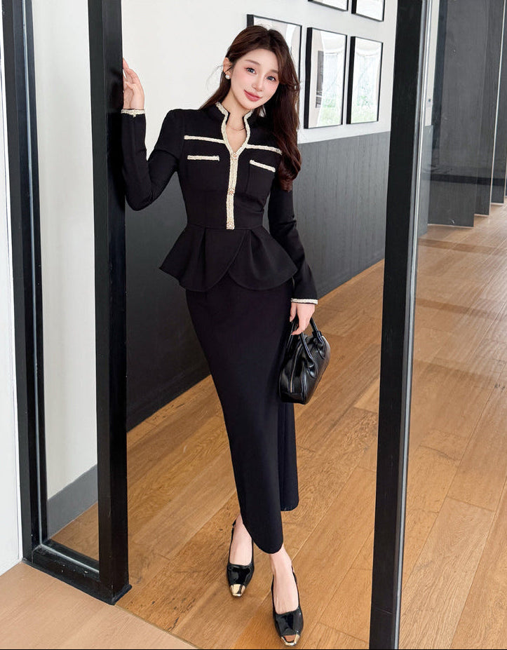 Elegant Peplum Blazer & Maxi Pencil Skirt Two-Piece Set