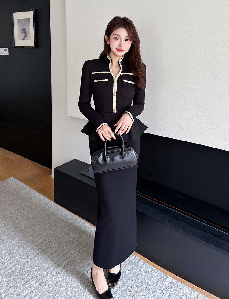 Elegant Peplum Blazer & Maxi Pencil Skirt Two-Piece Set