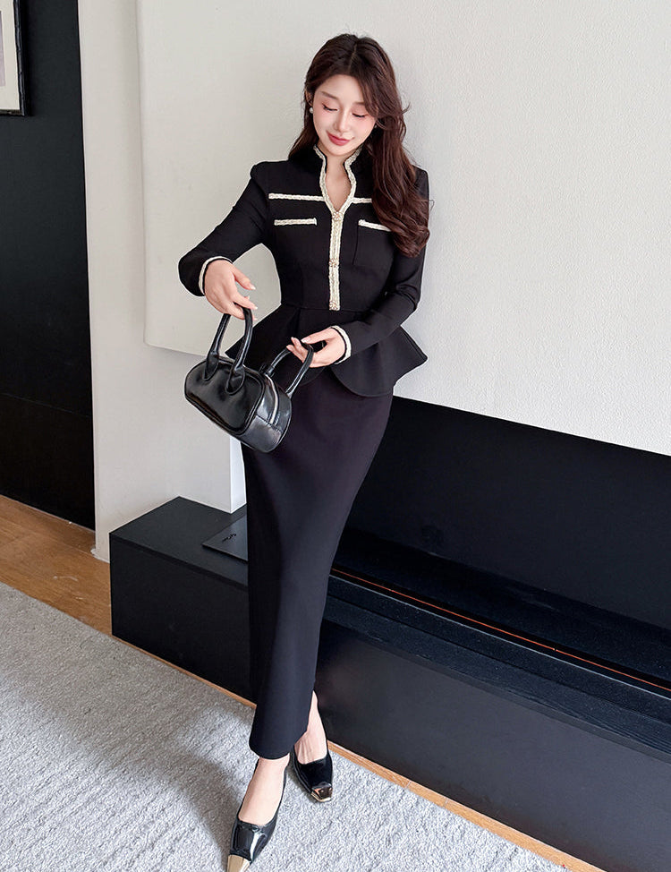 Elegant Peplum Blazer & Maxi Pencil Skirt Two-Piece Set