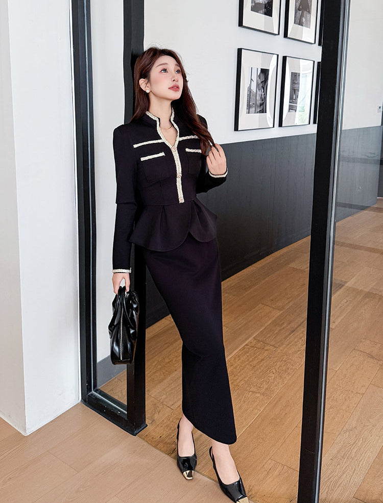 Elegant Peplum Blazer & Maxi Pencil Skirt Two-Piece Set