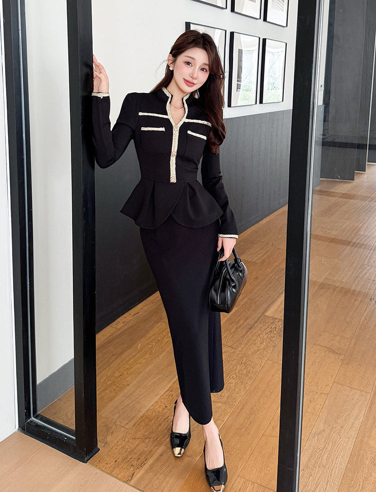 Elegant Peplum Blazer & Maxi Pencil Skirt Two-Piece Set