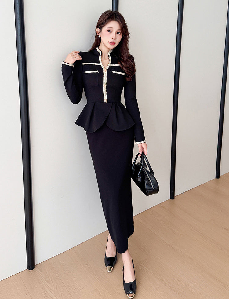 Elegant Peplum Blazer & Maxi Pencil Skirt Two-Piece Set