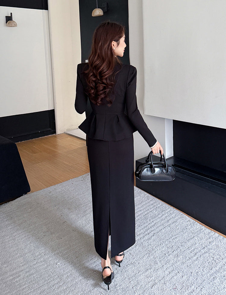 Elegant Peplum Blazer & Maxi Pencil Skirt Two-Piece Set