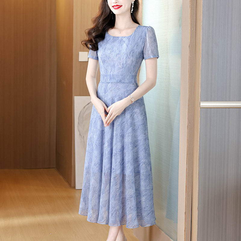 Elegant Periwinkle Blue Textured Midi Dress - Square Neck Short Sleeve A-Line Dress