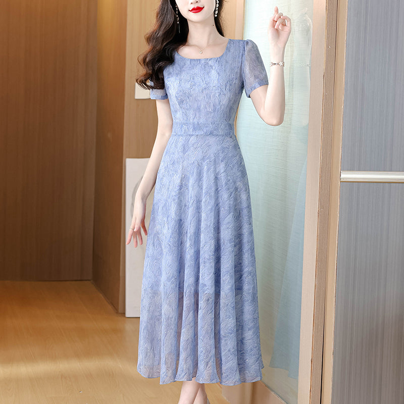 Elegant Periwinkle Blue Textured Midi Dress - Square Neck Short Sleeve A-Line Dress