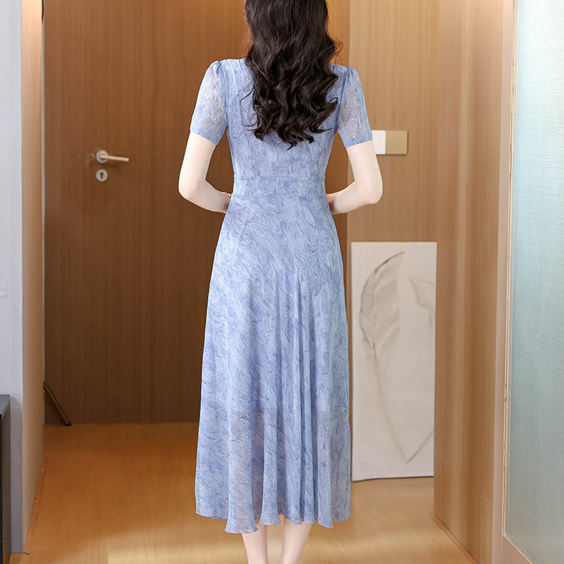 Elegant Periwinkle Blue Textured Midi Dress - Square Neck Short Sleeve A-Line Dress