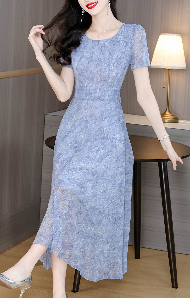 Elegant Periwinkle Blue Textured Midi Dress - Square Neck Short Sleeve A-Line Dress