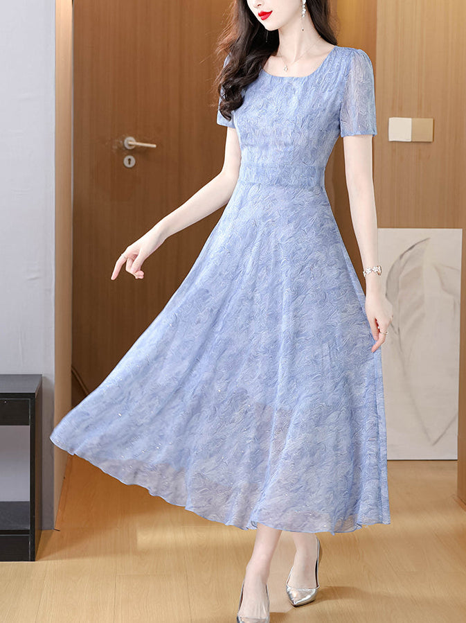 Elegant Periwinkle Blue Textured Midi Dress - Square Neck Short Sleeve A-Line Dress