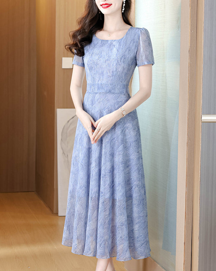 Elegant Periwinkle Blue Textured Midi Dress - Square Neck Short Sleeve A-Line Dress