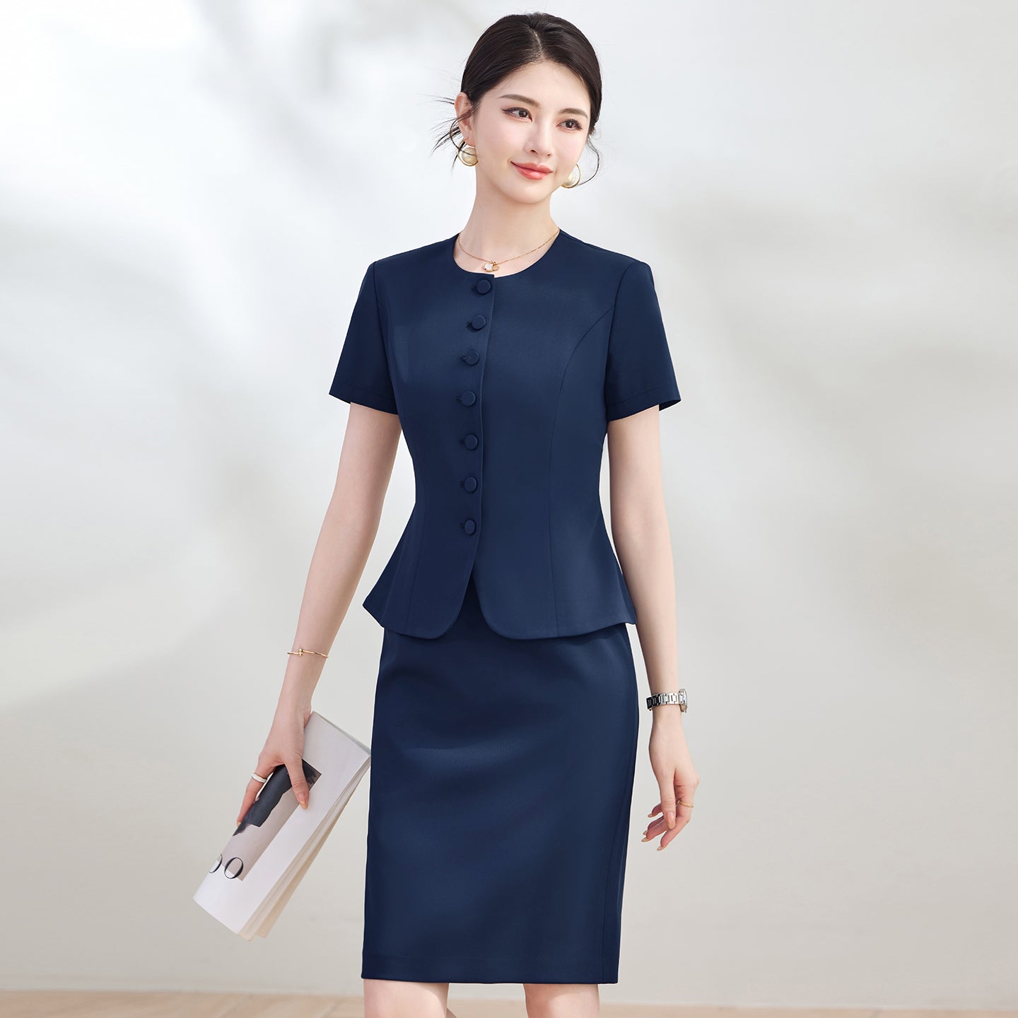 Elegant Round-Neck Button-Front Blazer & Skirt Set